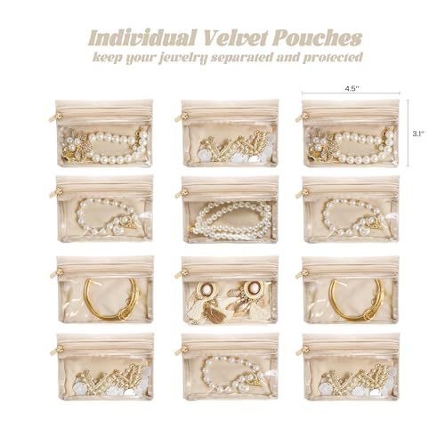 Travel Jewelry Case, Small Travel Jewelry Box with 12 Velvet Jewelry Bag Mini Pouch, Portable Travel Jewelry Organizer for Rings Earrings Necklaces (Beige 12 Pcs) - color: Beige 12 Pcs