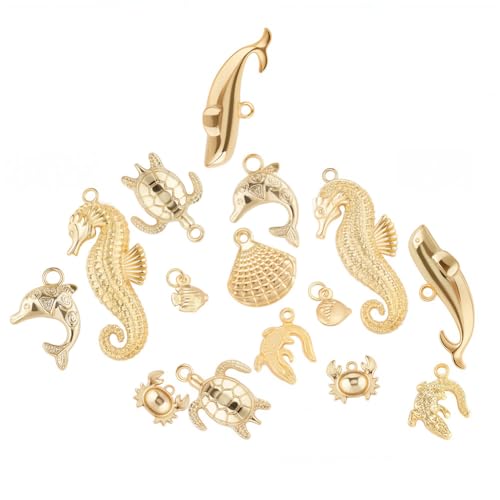 SUNNYCLUE 1 Box 16Pcs 8 Styles Real 14K Gold Plated Charms Gold Sea Theme Animal Charms Tortoise Starfish Seahorse Pendants Bulk for Earring Necklace Bracelet Jewelry Making Supplies - color: 14K Gold Plated Sea Theme Charms