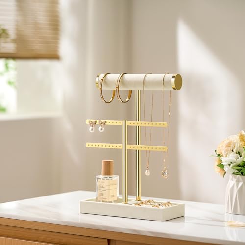 bussdis 2 Tier Bracelet Holder Display - Detachable T Bar Beige Velvet Bracelet Holder, Jewelry Holder Organizer for Bracelet, Necklace, Earrings, Rings - color: Beige