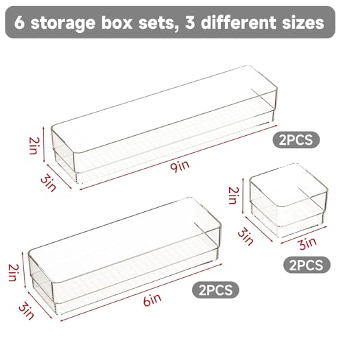 6 PCS Clear Plastic Drawer Organizer Set, 2 Sizes Acrylic Drawer Storage Trays Non Slip Storage Bins for Makeup, Jewelry, Gadgets for Kitchen, Bedroom, Bathroom, Office - style: 6 PCS with 2 sizes