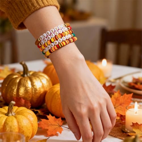 Thanksgiving Stackable Bracelet for Women Set Colorful Beads Rubber Ring Elastic Layering Letter Disc Maple Leaf Pendant Clay Stretch Fall Bracelets Fall Costume Bracelet Jewelry for Women - style: Style1