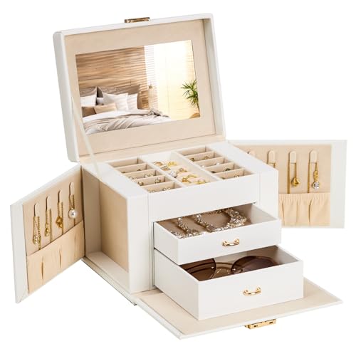 Homde Mothers Day Gifts Girls Jewelry Box with Lock: 3 Layer Organizer with Mirror - Necklace Ring Earring Storage for Dresser - Women Gifts for Birthday & Return (White) - color: White