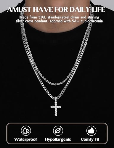 925 Sterling Silver Cross Necklace Men - CZ Cross Pendant Layered Necklaces Waterproof Stainless Steel Link Rope Chain Silver Necklace Stack Jewelry with Gift Box 16-30 Inches - size: 26&28in