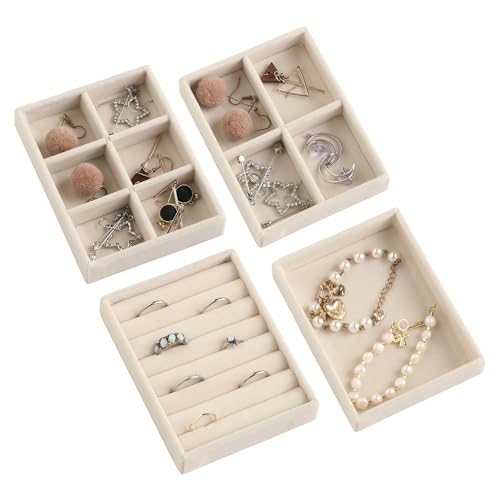 Frebeauty Small Jewelry Tray Set,Stackable Velvet Jewelry Organizer Tray,Mini Jewelry Drawer Organizer,Drawer Inserts,4.92 x 3.74 x 0.9 Inches,Earring Organizer for Women(Set 4,Beige) - color: Beige, size: Set 4