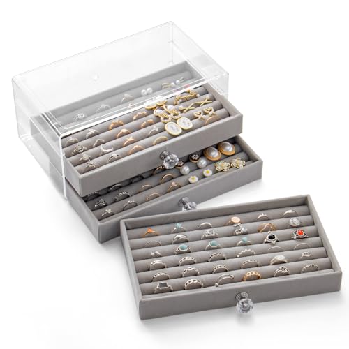 SPAKOWN Ring Box Display Holder, Clear Velvet Jewelry Storage Tray Organizer for Ring Stud Earring (Grey - 3 Drawers) - color: Grey, size: 3 Drawers