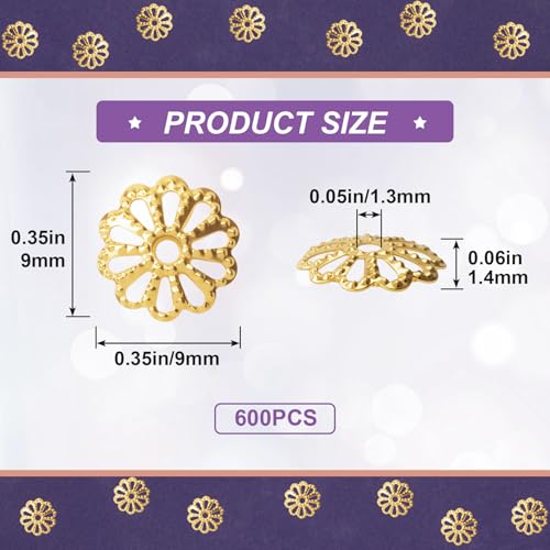 ANCIRS 600pcs 9mm Spacer Beads Caps for Jewelry Making, Metal Hollow Flower Bead Caps for Bracelet Necklace- Gold - color: Gold-600pcs-9mm
