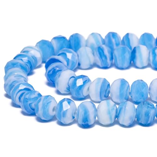 7.5×10mm 50pcs Light Blue White Faceted Lampwork Glass Beads for Jewelry Making, Flat Round Handmade Murano Beads for Bracelets, Crafts, Friendship Bracelet Kit, Rosary Making - color: Light Blue White