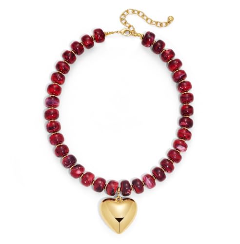 Gold Heart Pendant Necklaces for Women Colorful Acrylic Resin Beaded Choker Necklace Fashion Chunky Statement Beaded Heart Necklace - color: Red