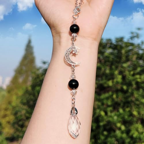 Car Rear View Mirror Accessories, Witchy Car Hanging Ornament, Moon&Star Rearview Decor Charm Black Onyx Obsidian Crystal Beads Swinging Interior Decor for Women Men - color: Obsidian-moon