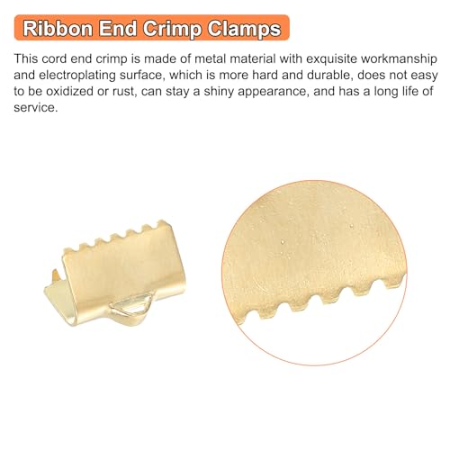 uxcell 30Pcs Ribbon End Crimp Clamps, 10.5mm Pinch Cord End Clasps Stainless Steel Curled Bead Clasp for Ribbon Lace Bookmark Ends Keychain DIY Making, Gold - size: 10.5mm