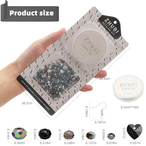 Black Crystal Bead DIY Set - Approx. 600-Piece Glass Beads Kit with Mixed Size Crystal Rondelles & Heart Pendants - Perfect for Jewelry Crafting - Elegant Gift Box - color: Black