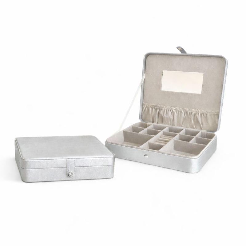 Hives & Honey Opal Jewelry Travel Case with Mirror – Anti-Tarnish Felt Lining, Ring Rolls, Divided Compartments, Elastic Lid Pocket, Secure Snap Closure, Portable Jewelry Organizer for Travel - color: Silver