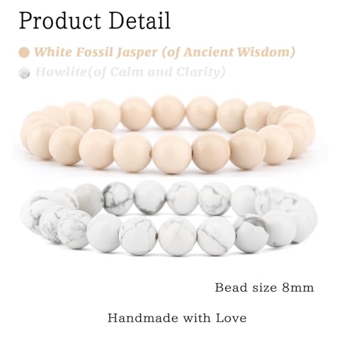 NCB 2.3-Piece 4mm Natural Crystal Gemstone Stretch Bracelets – Handmade Reiki Energy Healing Jewelry for Meditation,Yoga, Unisex - color: 2PCS ( Howlite+White Fossil Jasper ), size: 8mm