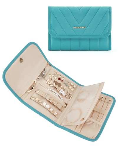 BAGSMART Travel Jewelry Organizer Case, Foldable Jewelry Roll for Necklaces, Earrings, Journey-Rings, Bracelets, Brooches, Portable, Teal - color: A-Green, size: Medium