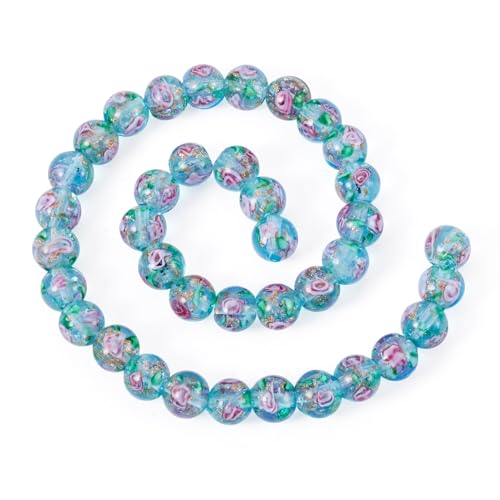 Elecrelive 40Pcs 10mm Flower Glass Beads Gold Sand Lampwork Beads Turquoise Floral Round Crystal for DIY Bracelet Necklace Earring Jewelry Making - color: Pale Turquoise