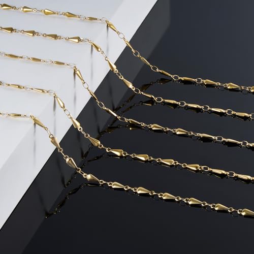 KYUNHOO 4 Meters Stainless Steel Chains for Jewelry Making Small Water Drips Link Chain Spool Gold Plated DIY Jewelry Bulk with Connectors for Women Men Make Handcrafts - color: Drop Gold