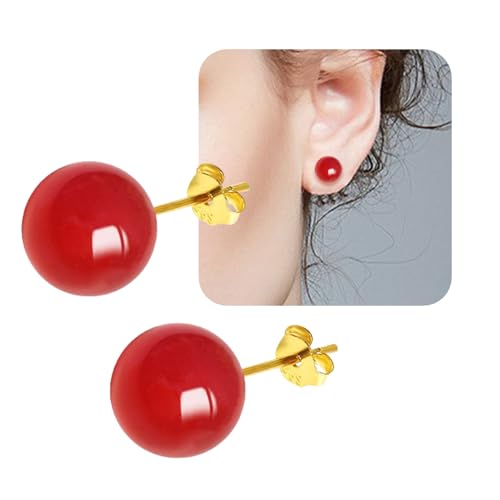 Jade Green Stud Earrings, Natural Round Beaded Agate Emerald Garnet Obsidian Gemstone Ear Studs Ball Jade Jewelry Gift, Green 8mm - color: red-8mm