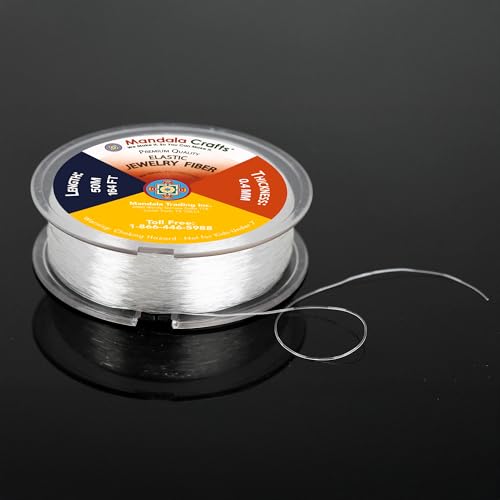 Mandala Crafts Very Strong 0.4mm Elastic String for Jewelry Making - 164 FT Heavy Duty Round Stretchy Clear String Jewelry Fiber Elastic Cord Spool for Decorative Threading Applications - size: 0.4mm 50M 164 Feet