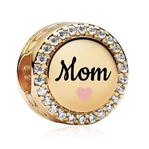 925 Silver Charms Pendants For Pandora Bracelet Golden charms Bead Safety Chain Clip set Heart Flower Animal Beads Family, Mom, Friend, Daughter, Birthday, Jewelry Gift - style: B-Golden Round Mom Charm