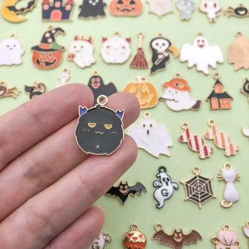 50pcs Alloy Enamel Halloween Series Pumpkin Lantern Ghost Black Cat Bat Moon Pendant Jewelry Making DIY Keychain Earrings Pendant Various Design Charms for Jewelry Making Bracelets Necklace (HK728) - color: HK728