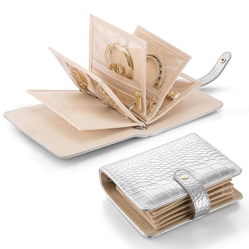 VLANDO Travel Jewelry Organizer Case,Travel Gifts for Women,Portable Jewelry Storage Book Ring Binder with Clear Zipper Velvet Jewelry Pouch Bag-Silver - color: Silver Crocodile