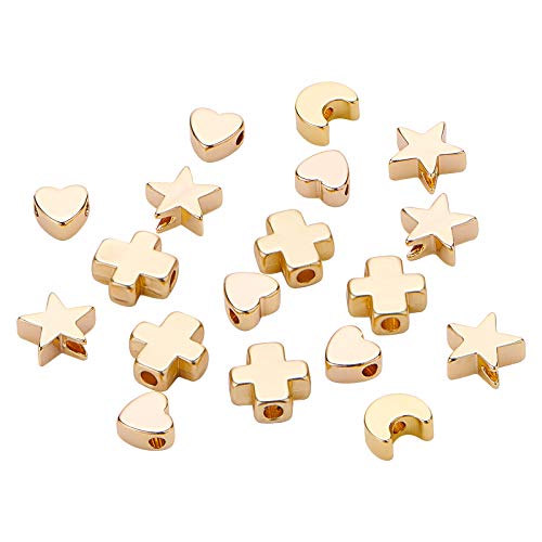 BENECREAT 40PCS 18K Gold Plated Moon Star Spacer Beads Heart Brass Beads for Bracelet Necklace DIY Jewelry Making - 10PCS/Shape - color: Heart Moon Cross Star