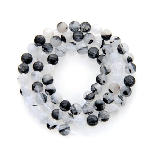 Adabele 15 Inch Natural Black Rutilated Quartz Gemstone 6mm Faceted Flat Round Coin Loose Beads Gem Stone Spacer (59-64pcs) for Jewelry Making GZ13-5 - color: Black Rutilated Quartz, size: 15 Inch/1 Strand