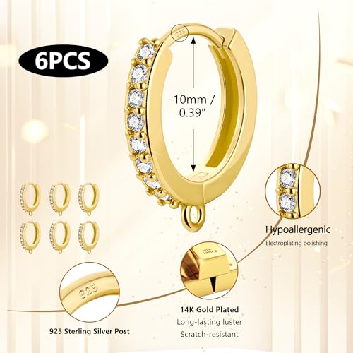 6Pcs Gold Zirconia Hoops for Earrings, Hypoallergenic 14K Goldplated Earring Hooks Round Huggie Zirconia Hoop with Loop Leverback Dangle Earring Making Gold Jewelry Findings Supplies Replacement Set - color: 6PCS_GoldB
