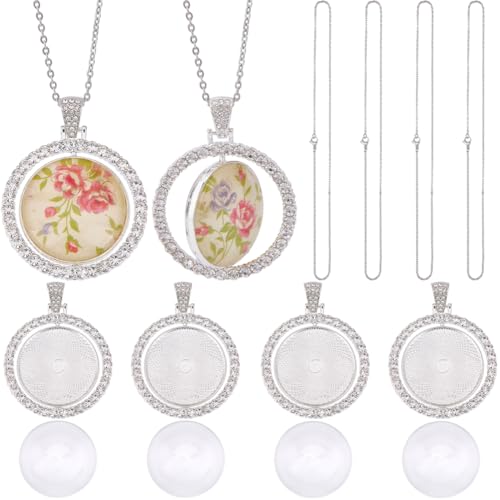 1 Box 24Pcs 30mm Round Rhinestone Trays Pendant Set Round Bezel Pendant Trays Glass Cabochon Blanks Double Sided Rotatable Tray with Silver Chains for Jewelry Making Supplies DIY Necklaces