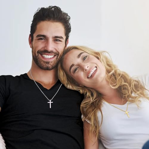 Fiusem Cross Necklace for Men, Silver/Gold/Black Mens Cross Necklaces with 2.5mm Cross Chain and Stainless Steel Cross Pendant, Box Chain 16-24 Inch, Jewelry Gift - size: 26.0 Inches, style: Small silver cross: 1.2" * 0.7"