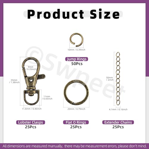 Swpeet 125Pcs Bronze Keychain Making Set, 25Pcs Swivel Lanyard Snap Hook, 25P Keychain Ring, 25P Extender Chains, 50P Open Jump Rings, Swivel Lobster Clasps, Keychains Clips - color: Qinggu