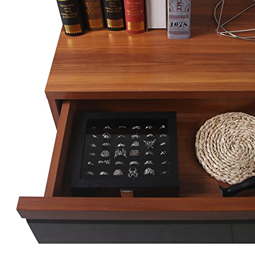 Pangkeep Ring Organizer Display Case,Black Jewelry Storage Tray Boxes for Multiple Rings,Glass Lid,Stackable. (42 Slots)