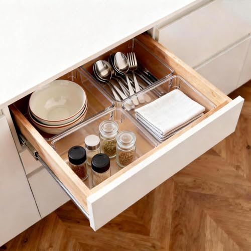 6 Pcs Large Clear Plastic Drawer Organizers Tray 6" x 6" Storage Bins with 25 Pcs Non-Slip Pads for Makeup, Jewelries, Kitchen Utensils, Bathroom and Office - size: 6"x6"