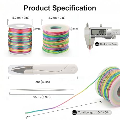 Jewelry Making String Set Elastic Cord Non‑Elastic Beading Thread with Needles and Scissors, Rainbow Stretchy String for Bracelets Beading DIY Crafts