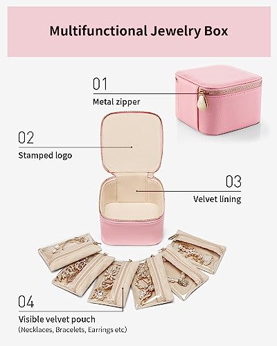 Vlando Travel Jewelry Box for Women,Faux Leather Jewelry Case with 6 Velvet Jewelry Zipper Pockets,Gift Ideas for Women Wife Earrings Necklace Rings Storage Boxes(Strawberry Pink) - color: 6PCS-Strawberry Pink