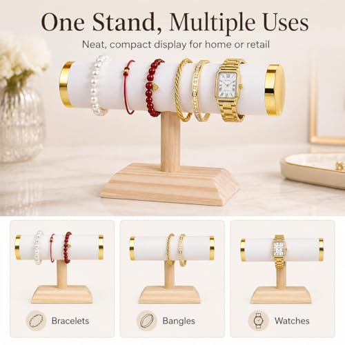 Jewelry bracelet Display T-Bar Stand 9 inch White PU Bracelet Holder with Gold Metal Ends 1-Tier Jewelry Organizer with Natural Pine Base, Bangle & Watch Display for Retail & Vanity - color: Round PU White