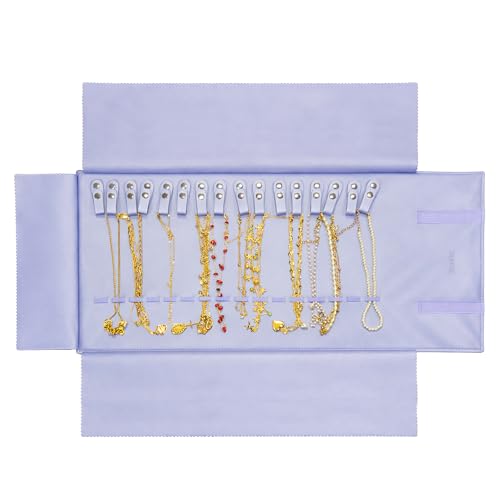 UnionPlus Travel Jewelry Roll, Faux Leather Necklaces Organizer Bag, Elastic Band and Anti-winding, Lavender Violet - color: Leather Lavender Violet, size: Medium