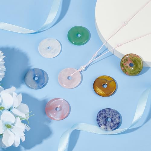 BENECREAT 8Pcs Donut Natural Stone Pendants Gemstone Donut Charms Flat Round Stone Beads Pendants (Hole: 6mm/0.2inches) for Jewelry Making DIY Necklace Accessory Gift Party