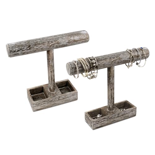MOOCA 2Pcs Set Bracelet Bangle Holder, Table Top Necklace Wooden Jewelry Display Stand Storage Tray for Home Organization, 11 3/4" W x 2 3/4" D x 9 3/4" H, Coffee - color: 9) Coffee, w/Tray-2pc