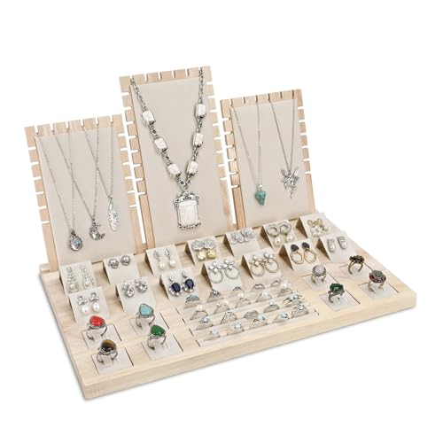 MOOCA Jewelry Display Set, Necklace Display Bust, Earring Organizer, Ring Holder Stand for Showcase and Store, Premium Fabric - color: 8b) 1 set. Beige Suede
