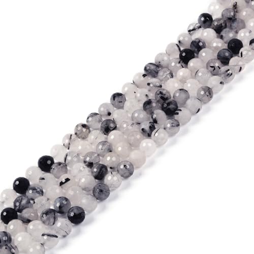 Black Rutilated Quartz 8mm Gemstone Faceted Round Loose Strand Beads for DIY Necklace Bracelet Jewelry Making 15 Inch - color: Black Rutilated Quartz