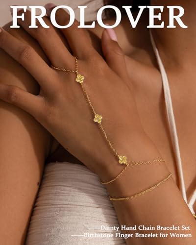 Gold Hand Chain Bracelets for Women Trendy Dainty Birthstone Clover Charm Ring Bracelet Hand Chain Set Non Tarnish 14K Gold Plated Stackable Finger Bracelets for Women Birthday Jewelry Gifts - color: 11. November(Citrine)