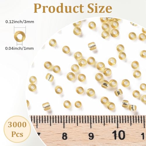 1 Box 3000pcs 3mm Gold Seed Glass Beads Round Mini Small Clear Golden Transparent Silver Lined Pony Loose Spacer Bead for Jewelry Making Friendship Bracelets Earrings DIY Crafts Supply