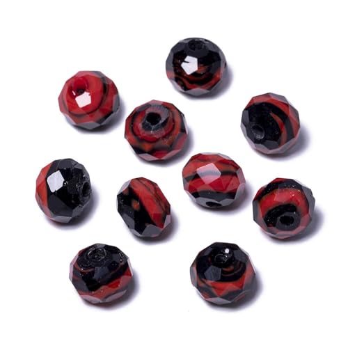 7.5×10mm 50pcs Red Black Faceted Lampwork Glass Beads for Jewelry Making, Flat Round Handmade Murano Beads for Bracelets, Crafts, Friendship Bracelet Kit, Rosary Making - color: Red Black