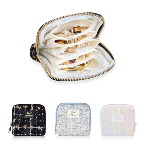 Stratalife Travel Jewelry Case Portable Jewelry Box with Small Pouches for Gemstones Healing Crystal, Bracelets Necklace Bangles Storage, Ring Holder for Women, Quilted Black - color: Quilted Black-Gold
