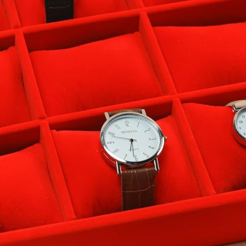 Jewelry Watch Tray, Red Velvet Watch Jewelry Organizer 12 Grid, Stackable Watch Bracelet Bangle Display Holder, Adjustable Pillows, for Man Woman Show Birthday - color: Red