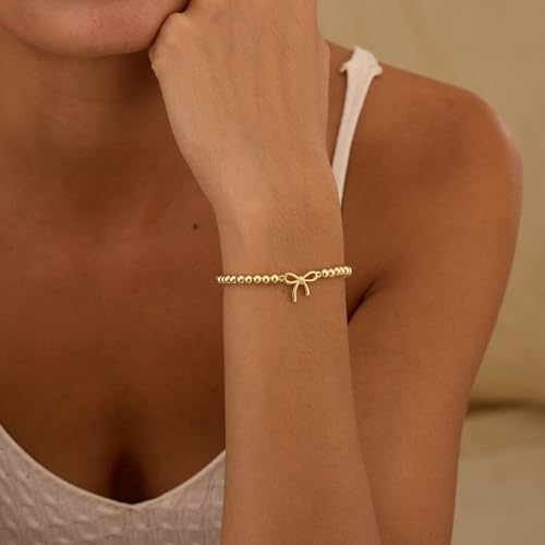 Mothers Day Gifts - Beaded Bracelets for Women 14K Silver Gold Plated Stretch Handmade Ball Bracelets Cute Charm Bracelet Dainty Stackable Cross Heart Bow Wave CZ Circle Trendy Jewelry Easter Gifts - color: bow