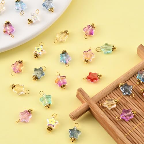 Ipotkitt 100 Pcs Electroplate Glass Star Charms with Glitter Powder Celestial Jewelry Findings Crystal Star Shaped Beads Charms for DIY Jewelry Making - color: 100pcs-Glass Star Charms-14x8x4mm