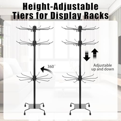 Kifmurase 2PCS Rotating Display Stand Metal Spinner Display Rack with Hooks Adjustable Height Holders for Earrings Necklace Key Rings, 3 Tiers Retail Vendor Jewelry Display Rack(Black)