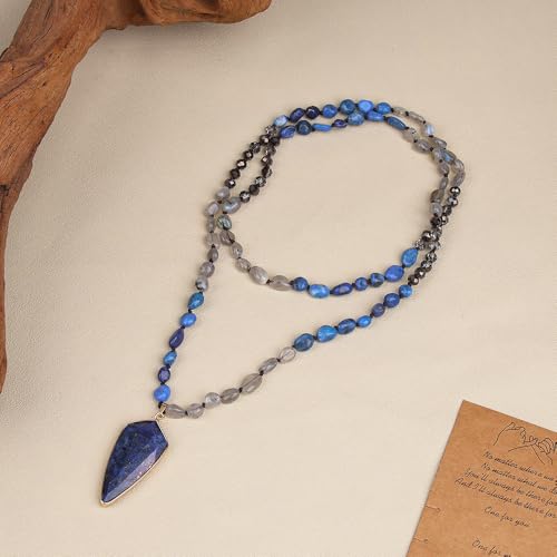 Long Necklaces for Women Boho, Oval Waterdrop Turquoise Pendant, Natural Stone Beaded, Handmade,Vintage & Elegance, Boho Fashion Charm Beaded Necklace for Women - style: C-Lapis Lazuli Pendant